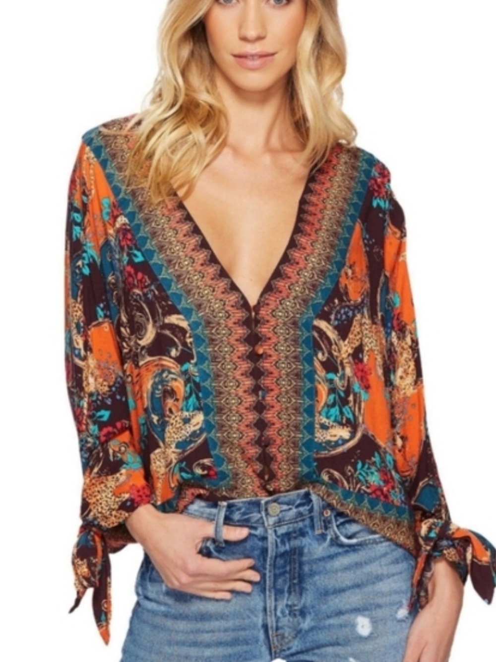 Free People Catch me if you Can boho cropped V-Neck Tie-Sleeve Blouse